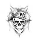 A hauntingly beautiful sketch of Itchi and the grim reaper standing side by side, with a backdrop of a church tattoo design idea