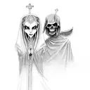 A hauntingly beautiful sketch of Itchi and the grim reaper standing side by side, with a backdrop of a church tattoo design idea