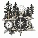 Can you create a forearm tattoo design with a compass using G,C,J,J as the directions, a Canoe, Pine trees, with a theme tattoo design idea