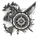 Can you create a forearm tattoo design with a compass using G,C,J,J as the directions, a Canoe, Pine trees, with a theme tattoo design idea