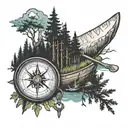 Can you create a forearm tattoo design with a compass using G,C,J,J as the directions, a Canoe, Pine trees, with a theme tattoo design idea