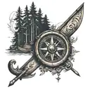 Can you create a forearm tattoo design with a compass using G,C,J,J as the directions, a Canoe, Pine trees, with a theme tattoo design idea