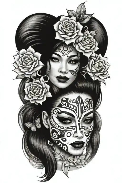 pretty woman with japanese mask and flowers tattoo design idea