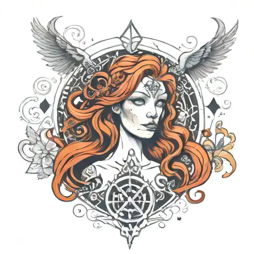 A stunning redhead with flowing locks adorned with mystical symbols and surrounded by swirling magical elements tattoo design idea