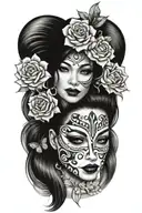 pretty woman with japanese mask and flowers tattoo design idea