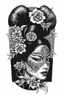 pretty woman with japanese mask and flowers tattoo design idea