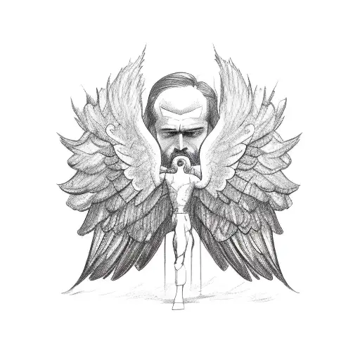man falling from sky, rear view, angel wings growing from back, face covered by hair, symmetrical, icarus tattoo design idea