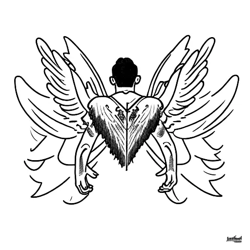 man falling from sky, rear view, angel wings growing from back, face covered by hair, symmetrical, icarus tattoo design idea