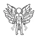 man falling from sky, rear view, angel wings growing from back, face covered by hair, symmetrical, icarus tattoo design idea