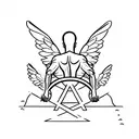 man falling from sky, rear view, angel wings growing from back, face covered by hair, symmetrical, icarus tattoo design idea