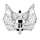 man falling from sky, rear view, angel wings growing from back, face covered by hair, symmetrical, icarus tattoo design idea