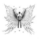 man falling from sky, rear view, angel wings growing from back, face covered by hair, symmetrical, icarus tattoo design idea