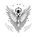 man falling from sky, rear view, angel wings growing from back, face covered by hair, symmetrical, icarus tattoo design idea