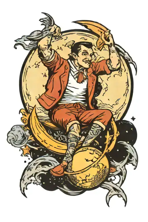 man sitting on moon tattoo design idea