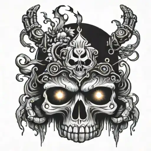 Dark background neon eyes skull hand tattoo  tattoo design idea