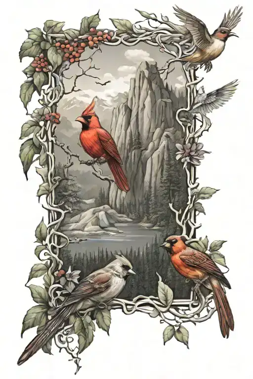 wooded scene with cardinals hummingbirds hawk and mountains tattoo design idea