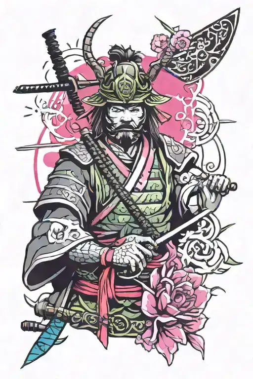 Samurai 80s Aesthetic with a Mix of Neon and Shadows tattoo design idea