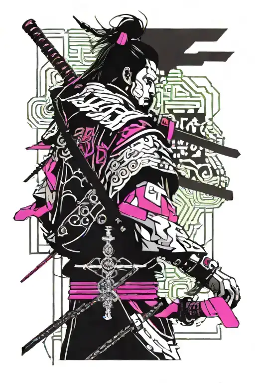 Samurai 80s Aesthetic with a Mix of Neon and Shadows tattoo design idea