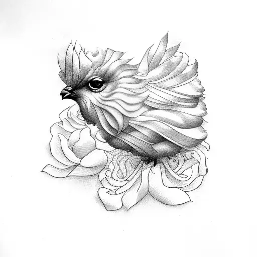 satin silkie chicken with flowers tattoo design idea