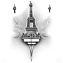 A black-grey tattoo depicting an iconic American landmark, such as the Statue of Liberty or the Golden Gate Bridge, with a subtle entrepreneurial symbol incorporated. tattoo design idea