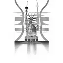 A black-grey tattoo depicting an iconic American landmark, such as the Statue of Liberty or the Golden Gate Bridge, with a subtle entrepreneurial symbol incorporated. tattoo design idea