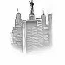 A black-grey tattoo depicting an iconic American landmark, such as the Statue of Liberty or the Golden Gate Bridge, with a subtle entrepreneurial symbol incorporated. tattoo design idea