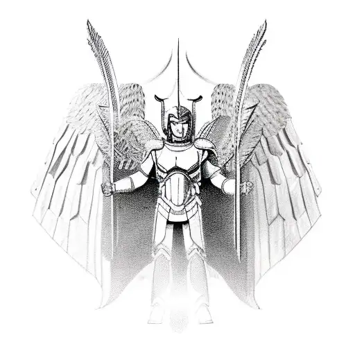 Portrait of a spartan angel high ranking prince wearing futuristic angelic  armor. defending his children tattoo design idea