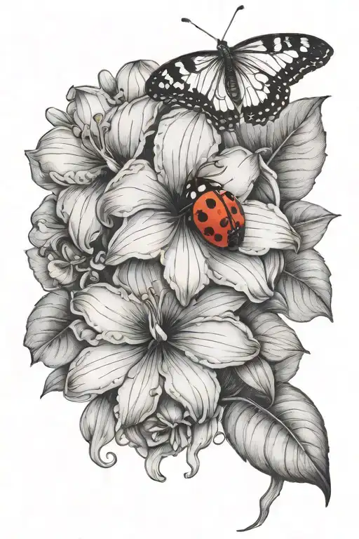 Petunia Flower and Orchid with a lady bug sitting together tattoo design idea