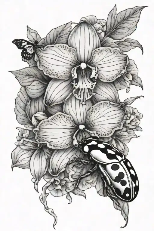 Petunia Flower and Orchid with a lady bug resting tattoo design idea