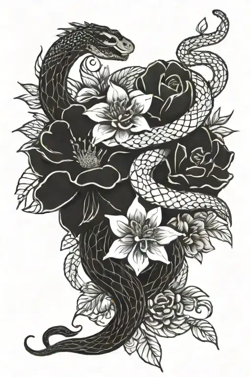 snake and flower tattoo black ink on a white background tattoo design idea