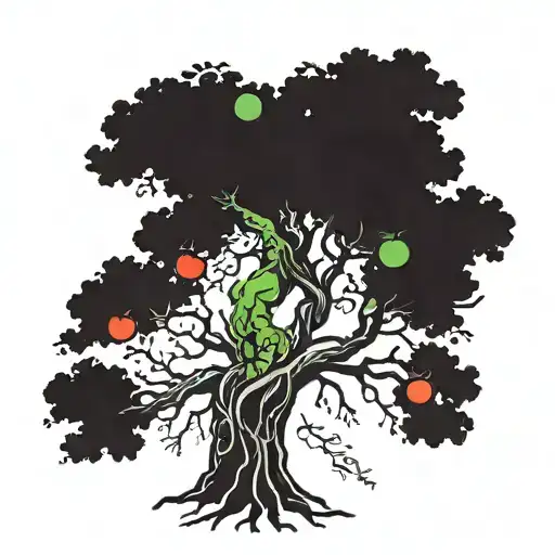 Tree woman with roots on my hand trailing up to the tree woman and on the tree there is apples and all but one are red tattoo design idea