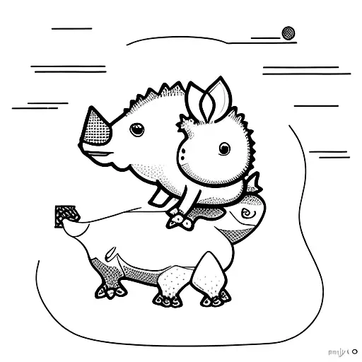 A little chick sitting on a rhinoceros, minimal color style tattoo design idea