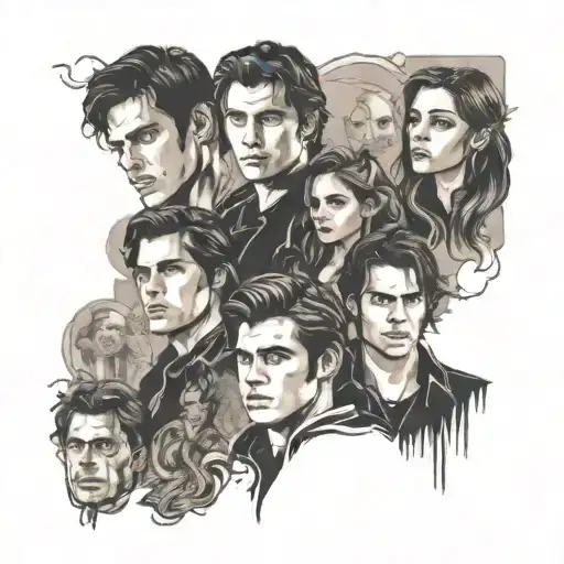 A collage of iconic scenes from Vampire Diaries, including the Salvatore brothers and Katherine Pierce in a dynamic composition tattoo design idea
