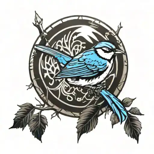 spartan shield resting on a tree with a blue wren purched  tattoo design idea