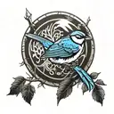spartan shield resting on a tree with a blue wren purched  tattoo design idea