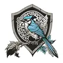 spartan shield resting on a tree with a blue wren purched  tattoo design idea
