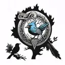 spartan shield resting on a tree with a blue wren purched  tattoo design idea