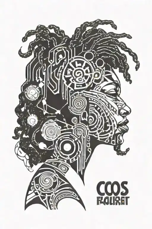 garnet with locs and Afro futurist cosmic background  tattoo design idea