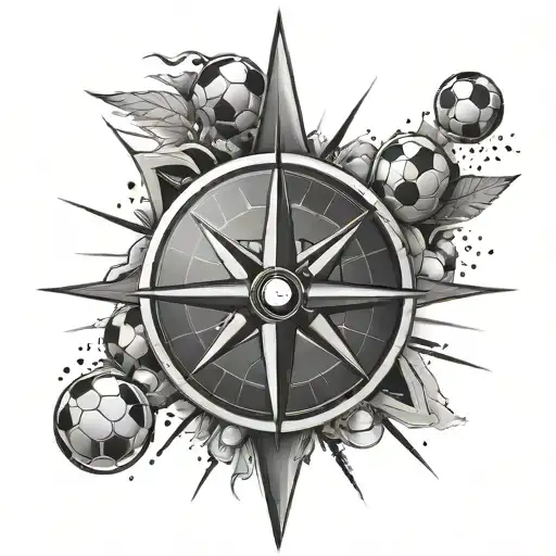A tattoo of a compass rose with soccer balls as the cardinal directions, representing your love for travel and soccer tattoo design idea