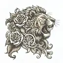 I would like a drawing! What can be tattooed on the arm in this picture should be a lion, music, a rose, and what symbol tattoo design idea