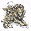 I would like a drawing! What can be tattooed on the arm in this picture should be a lion, music, a rose, and what symbol tattoo design idea