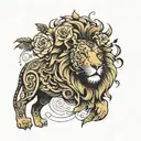 I would like a drawing! What can be tattooed on the arm in this picture should be a lion, music, a rose, and what symbol tattoo design idea