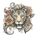 I would like a drawing! What can be tattooed on the arm in this picture should be a lion, music, a rose, and what symbol tattoo design idea
