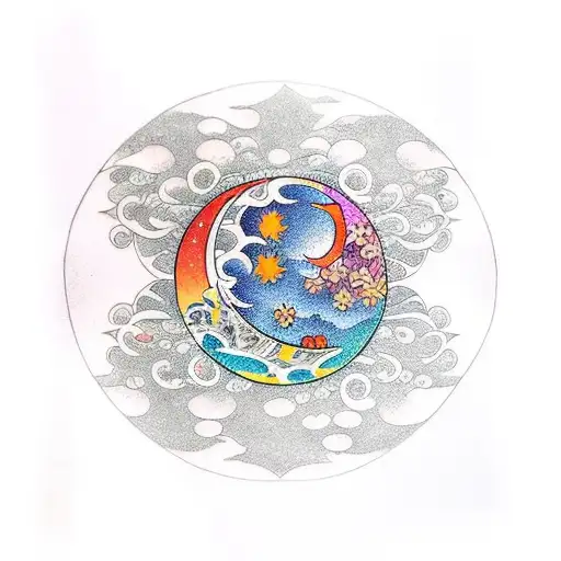 moon sickle, stars and calendulas  tattoo design idea
