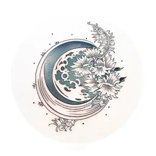 moon sickle, night, nature and calendulas  tattoo design idea