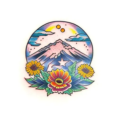 night landscape with calendulas tattoo design idea