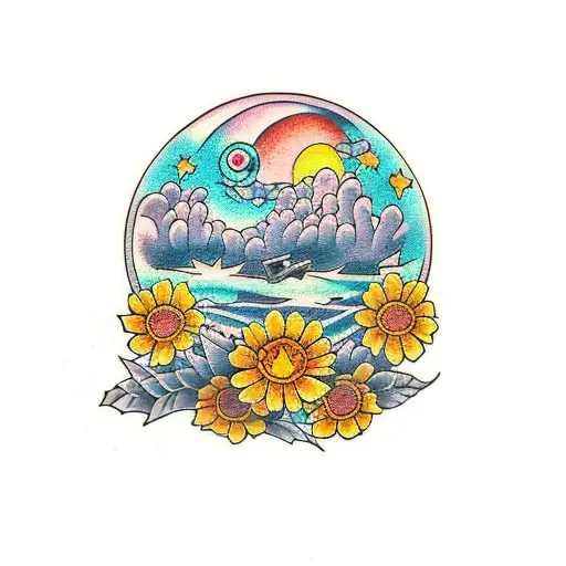 night landscape with calendulas tattoo design idea