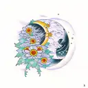 moon sickle, night, nature and calendulas  tattoo design idea
