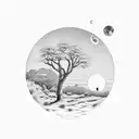 landscape with moon and calendulas  tattoo design idea