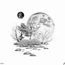 landscape with moon and calendulas  tattoo design idea